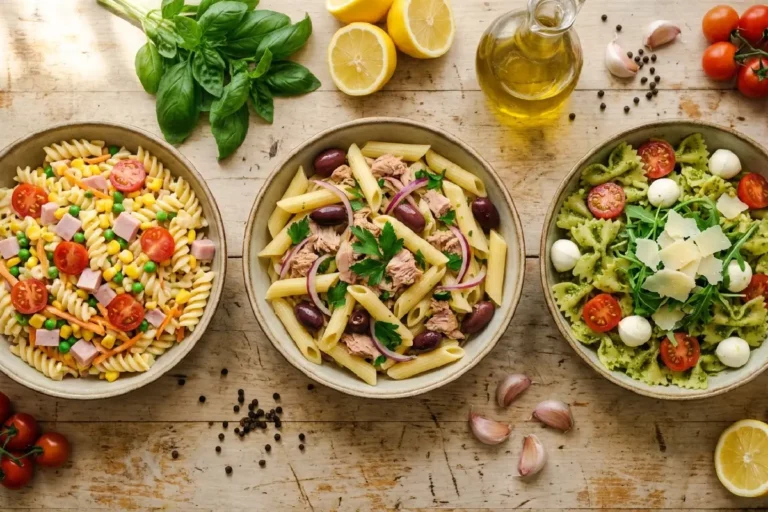 Três tigelas coloridas de salada de macarrão sobre mesa rústica — versão clássica cremosa, mediterrânea com atum e pesto com búfala