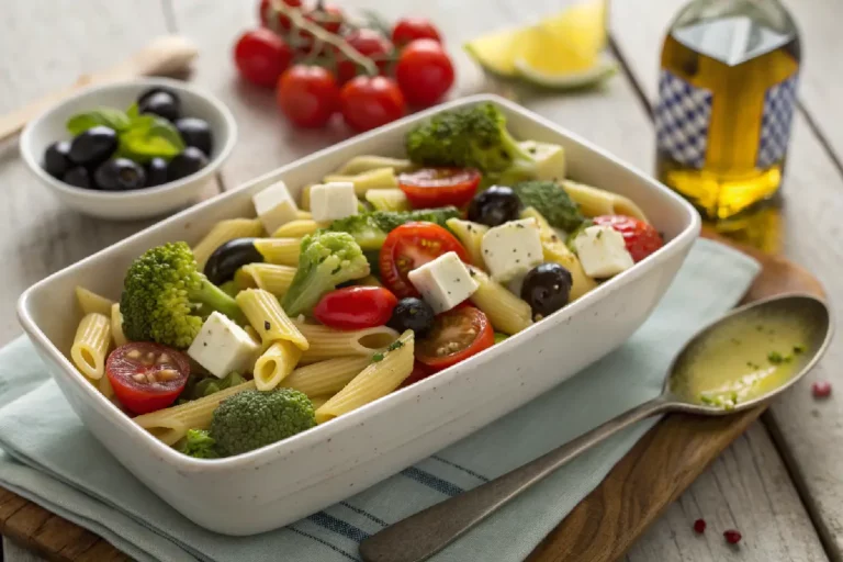 Salada de macarrão super fácil colorida com milho, ervilha, cenoura e maionese cremosa, prato frio refrescante em tigela transparente com ervas.