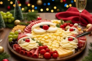 Tábua natalina divertida de frios com salame, presunto, queijos e azeitonas decorados com estrelas e guirlandas, petiscos festivos em tábua de madeira colorida.