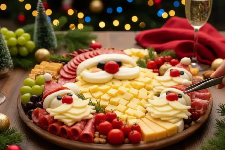 Tábua natalina divertida de frios com salame, presunto, queijos e azeitonas decorados com estrelas e guirlandas, petiscos festivos em tábua de madeira colorida.