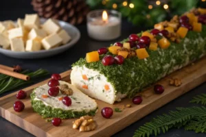 Tronco de queijo natalino enrolado com presunto, azeitonas e ervas, formato de tronco coberto de queijo ralado, petisco festivo brasileiro em tábuas de madeira.