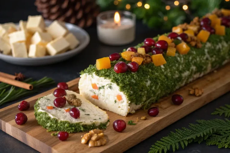 Tronco de queijo natalino enrolado com presunto, azeitonas e ervas, formato de tronco coberto de queijo ralado, petisco festivo brasileiro em tábuas de madeira.