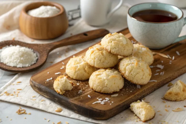 Biscoitinhos de coco crocantes dourados e irregulares, coco ralado tostado visível, receita fácil brasileira.