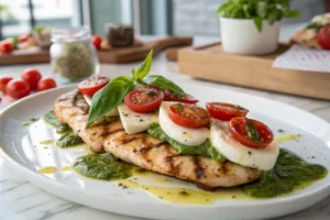 Frango caprese grelhado com tomate cereja, muçarela derretida e manjericão fresco no prato