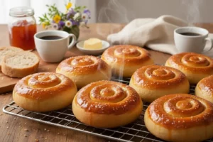 Pãezinhos de mel e caramelo espirais dourados e pegajosos, recheados com espiral de caramelo, receita doce fofinha.