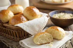 Pães de batata caseiros dourados em cesta rústica com um pão aberto mostrando miolo branco fofinho