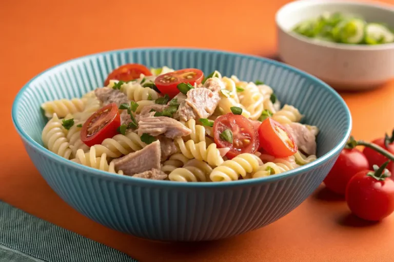 Salada de macarrão com atum, tomates cereja e milho servida em tigela azul turquesa sobre fundo laranja