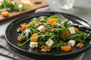 Receita de salada de rúcula com damascos hidratados, nozes crocantes e queijo feta. Prato leve e gourmet pronto em 15 minutos. Veja o modo de preparo completo e surpreenda-se!