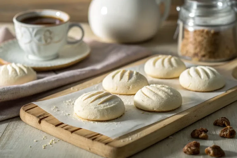 Sequilhos caseiros de leite condensado branquinhos com marcas de garfo dispostos em tábua de madeira rústica