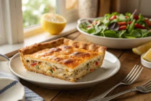 Torta de sardinha de liquidificador dourada e cremosa, fatias com recheio de sardinha e cebola, receita fácil brasileira.