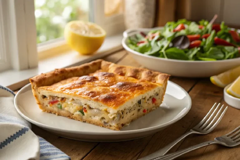 Torta de sardinha de liquidificador dourada e cremosa, fatias com recheio de sardinha e cebola, receita fácil brasileira.