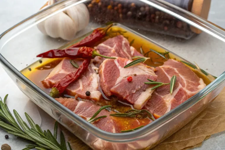 Pote de vidro rústico com carne de porco caldosa na conserva em gordura âmbar com alho, alecrim e pimenta sobre madeira de demolição