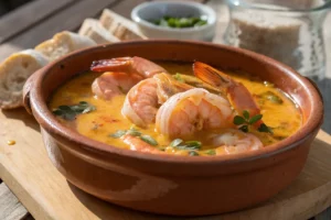 Panela de barro com moqueca baiana de camarão cremosa e aromática pronta para servir