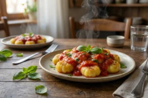 Prato apetitoso de nhoque de batata caseiro com molho tomate, textura macia e dourada, ideal para receitas fáceis.