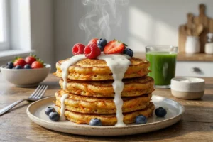 Panquecas de cenoura fit empilhadas crocantes com iogurte, textura saudável e colorida.