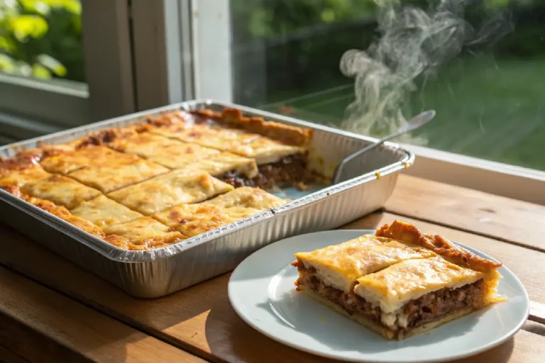 Pastelão de forno dourado cortado em quadrados mostrando recheio de carne e queijo derretido em assadeira sobre mesa rústica