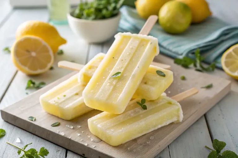 Picolés de limão caseiros cremosos amarelo-claros em suporte de madeira com fatias de limão fresco e hortelã