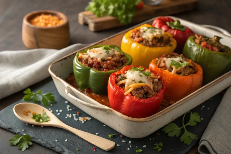 Pimentão recheado com carne moída e queijo muçarela gratinado em assadeira