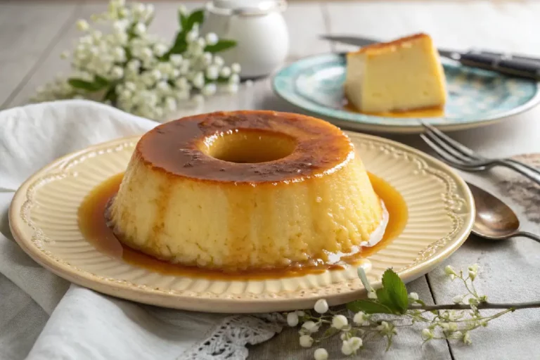Pudim flan cremoso desenformado em prato branco com calda de caramelo escorrendo pelas laterais sobre mesa de madeira