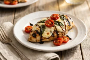 Filé de frango caprese grelhado com muçarela derretida e tomatinhos frescos