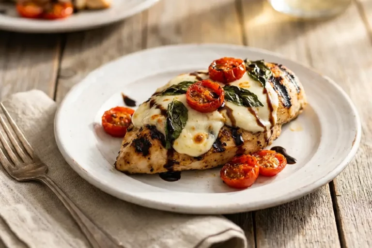 Filé de frango caprese grelhado com muçarela derretida e tomatinhos frescos