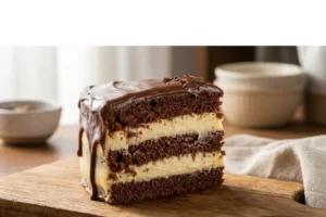 bolo dois amores com recheio de leite ninho e cobertura de chocolate