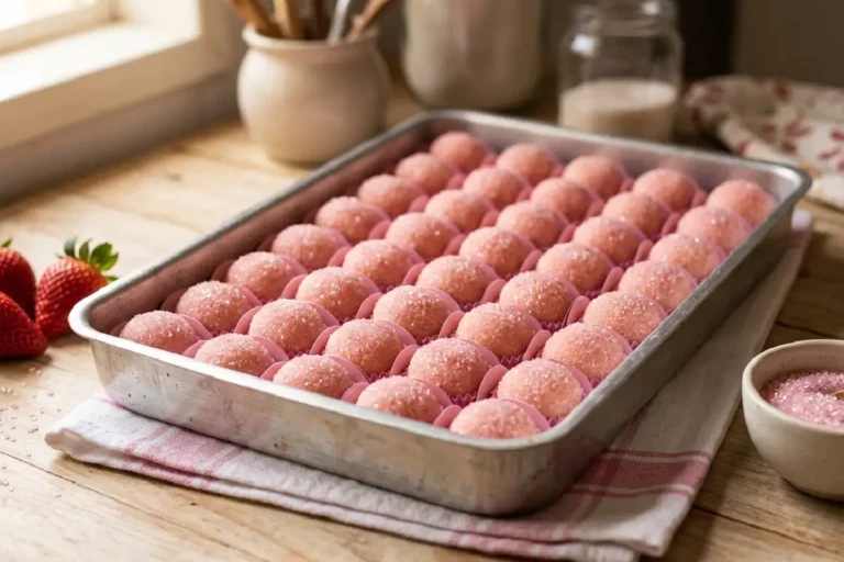 Brigadeiros de morango rosados enrolados em açúcar cristal rosa em forminhas de papel sobre mármore branco com morangos frescos ao redor