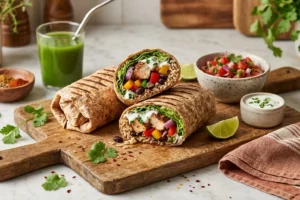 Burrito fitness cortado ao meio revelando recheio colorido de frango grelhado, arroz integral, feijão e legumes sobre tábua de madeira