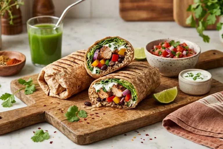 Burrito fitness cortado ao meio revelando recheio colorido de frango grelhado, arroz integral, feijão e legumes sobre tábua de madeira