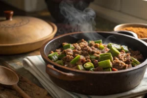 Carne moída com quiabo refogada sequinha servida em prato branco.