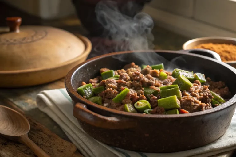 Carne moída com quiabo refogada sequinha servida em prato branco.