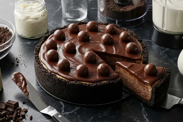 Cheesecake de chocolate com trufas: base crocante de biscoito, recheio sedoso de cream cheese e ganache brilhante decorada com trufas