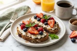 Torrada de centeio tostada com cottage cremoso e frutas vermelhas frescas, chia e mel sobre mármore branco com café ao fundo