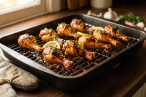 Coxinha de frango assada no forno com pele crocante dourada, glace de mel e shoyu e salsinha fresca em tábua rústica escura