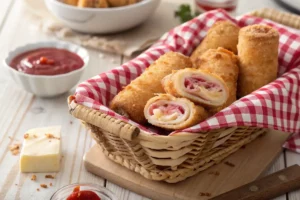 Cesta com enroladinhos de queijo e presunto dourados e crocantes feitos na airfryer com um aberto revelando queijo derretido