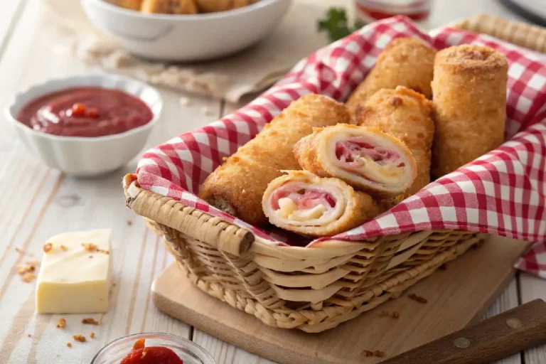 Cesta com enroladinhos de queijo e presunto dourados e crocantes feitos na airfryer com um aberto revelando queijo derretido