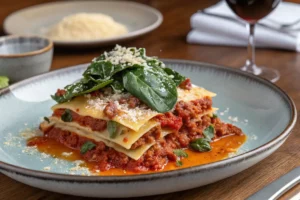 Lasanha de espinafre com linguiça gratinada em refratário branco com queijo dourado e camadas cremosas
