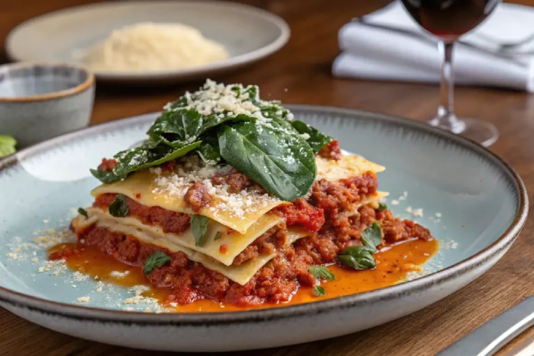 Lasanha de espinafre com linguiça gratinada em refratário branco com queijo dourado e camadas cremosas