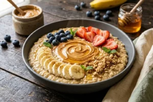 Bowl de mingau de aveia cremoso com pasta de amendoim em fio, banana fatiada, morango e mel sobre madeira clara