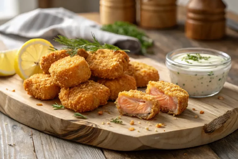 Nuggets de salmão crocantes dourados com casca de panko, servidos em tábua de madeira com molho tártaro e limão