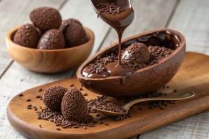 Ovo de páscoa caseiro de colher aberto com recheio cremoso de brigadeiro e casca de chocolate brilhante