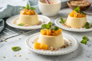 Panacota de manga fit desenformada em prato de cerâmica branca com calda de manga e hortelã fresca sobre mármore claro