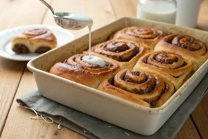 Forma de pão de canela caseiro com cobertura de cream cheese sendo derramada sobre os rolls dourados e caramelizados
