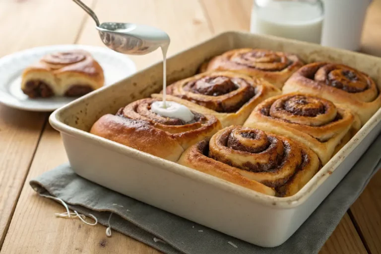Forma de pão de canela caseiro com cobertura de cream cheese sendo derramada sobre os rolls dourados e caramelizados