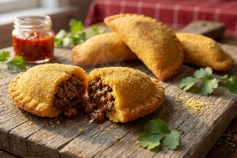Pastéis de angu crocantes e dourados com recheio de carne moída, servidos sobre tábua de madeira rústica
