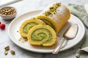 Rocambole de pistache fatiado sobre prato de porcelana branca revelando espiral de creme verde vibrante com pistaches picados por cima
