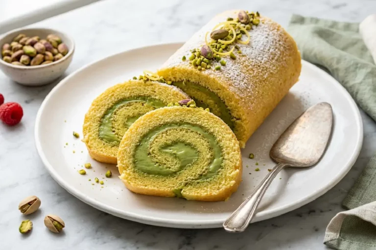Rocambole de pistache fatiado sobre prato de porcelana branca revelando espiral de creme verde vibrante com pistaches picados por cima