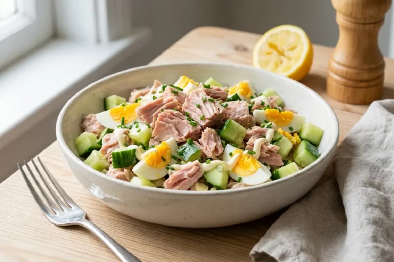 Bowl com salada de atum fresco, cubos de ovo cozido, pepino verde e cebolinha, servida em cerâmica branca