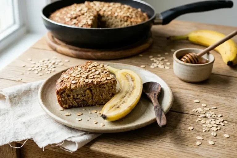 Bolo saudável de aveia com banana fatiado em prato rústico de cerâmica com rodelas de banana fresca por cima e mel ao lado