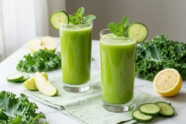 Dois copos altos com suco verde detox de couve pepino e maçã decorados com rodela de pepino e hortelã sobre mármore branco